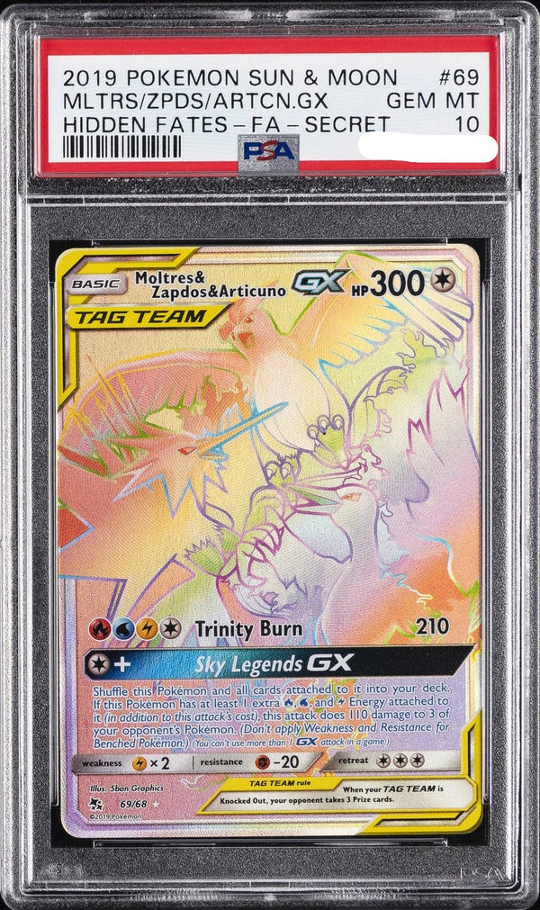 2019 POKEMON SM HIDDEN FATES #69 FULL ART/MOLTRES & ZAPDOS & ARTICUNO GX PSA 10 Pokemon