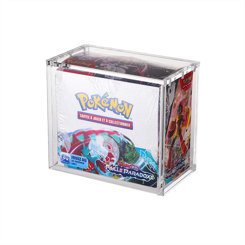 Pokémon trading card game packaging in a clear display case on a white background