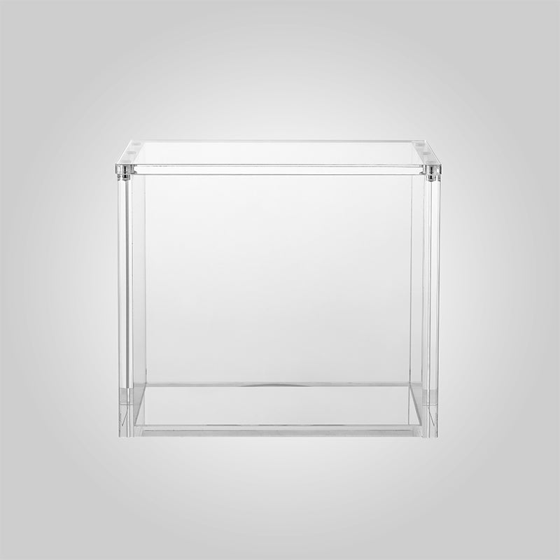Clear acrylic display case on a light gray background